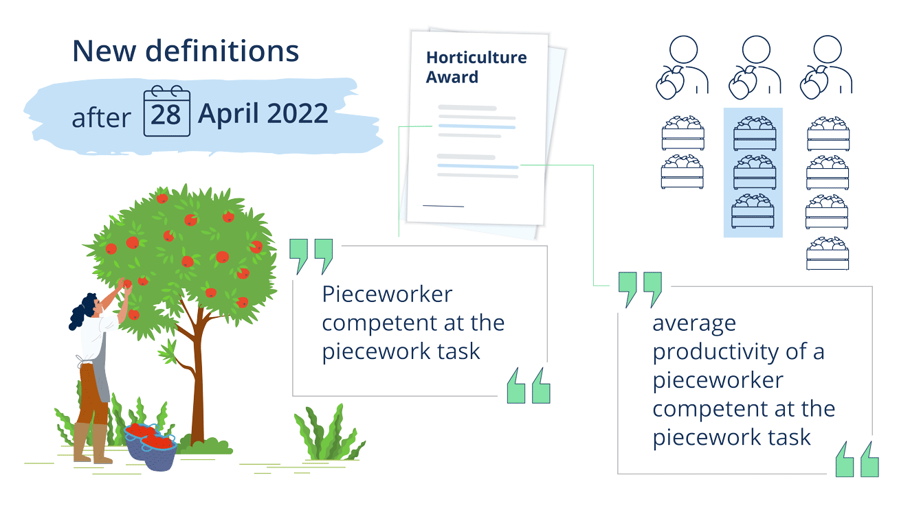 Image showing that after 28 April 2022 the Horticulture Award has new definitions about worker output and productivity. This includes a definition of pieceworker competent at the piecework task. Employers should familiarise themselves with these definitions. 